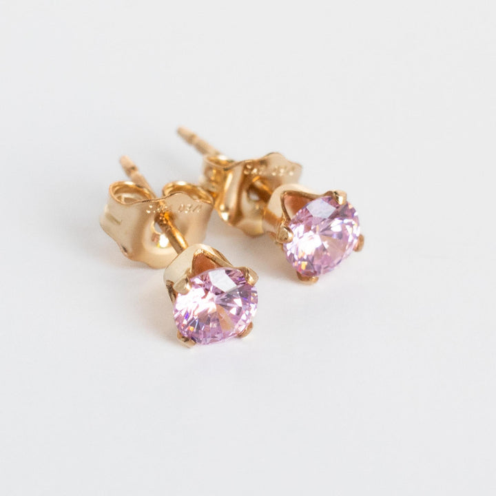 Gold Stud Earrings with Pink Stone