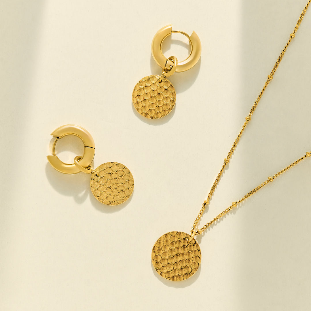 Hammered Gold Disk Earrings and Necklace
