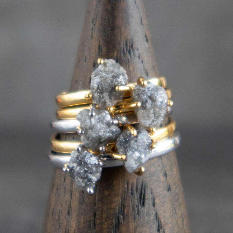 Rough Diamond Engagement Ring with Branch Style Band Inlaid with Meteorite